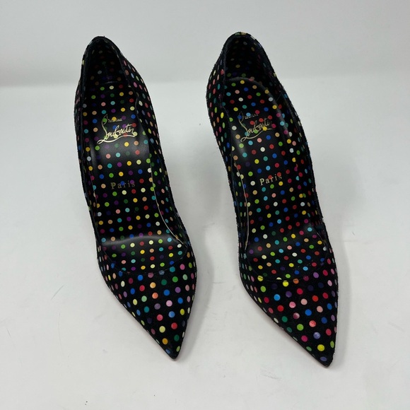 Christian Louboutin Hot Chick Black Suede Multicolor Polka Dot Heel Pump 37.5 EU - Picture 3 of 7